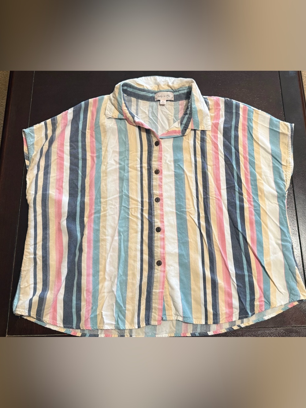 BAILEY + CHLOE Striped Short-Sleeve Button Front Blouse in Pastel Stripe
